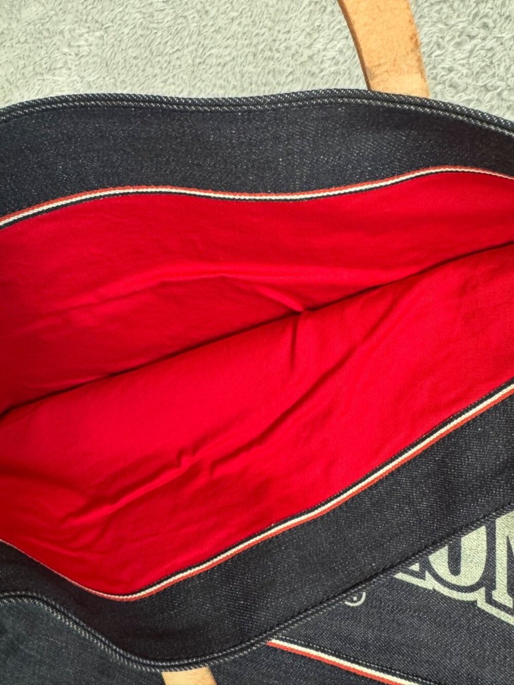 True Religion Denim Lined Tote Bag Leather Straps Red Interior Y2K Retro Travel - Picture 7 of 11